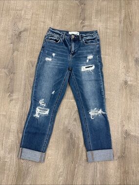 Women's Distressed Cuffed High School Rise Ankle Blue Denim Jeans Bridge by gly
